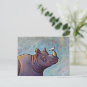 Rhinoceros Art Kleiner Vogeltratsch Spaß Malerei Postkarte (Stehend Vorderseite)