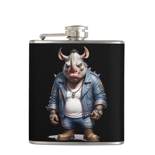 Rhinoceros Biker Rebel bei Lederjacket Cool Flachmann (Vorderseite)