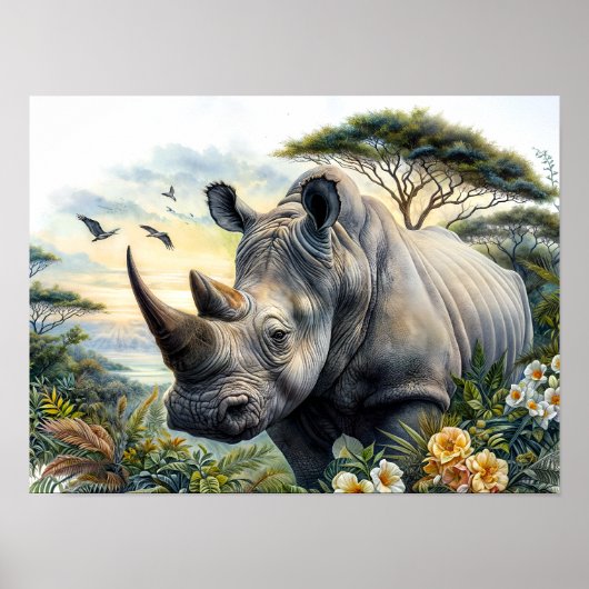 Rhinoceros Botanische Wasserfarben Poster (Vorne)