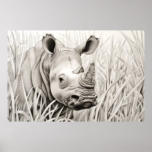 Rhinoceros Friedlich Natur Prairie Sketch Zeichnen Poster (Vorne)
