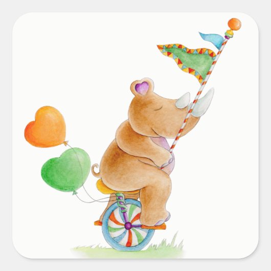 Rhinozeros auf einer Einrad-Whimsy-Aquarellkunst Quadratischer Aufkleber (Vorderseite)