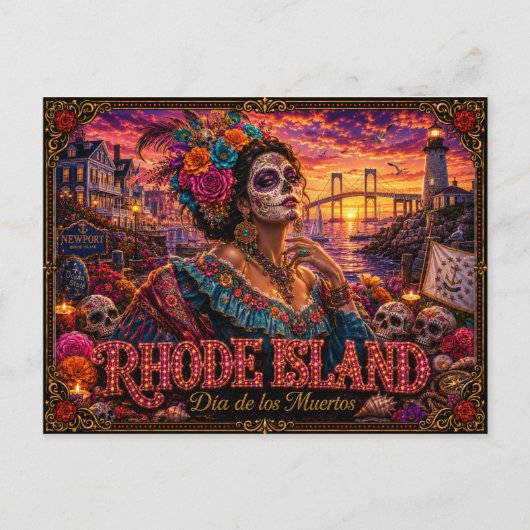 Rhode Island Día de los Muertos Retro Postkarte (Vorderseite)