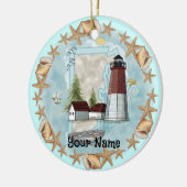Rhode Island Muschel Leuchtturm individuelle Name Keramik Ornament (Links)