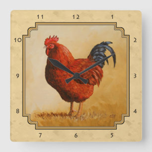 Rhode Island Red Rooster Gelber Hintergrund Quadratische Wanduhr