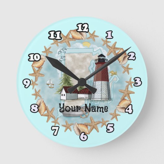 Rhode Island Shell Leuchtturm Runde Wanduhr (Vorderseite)