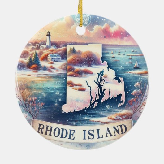 Rhode Island Snowy Winter Weihnachtsbaum Keramik Ornament (Hinten)