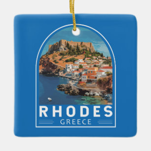 Rhodes Greece Illustration Travel Art Vintag Keramikornament