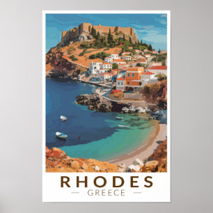 Rhodes Greece Illustration Travel Art Vintag Poster