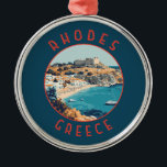 Rhodes Greece Retro-Distressed Circle Ornament Aus Metall<br><div class="desc">Rhodes Retrovektorreisdesign. Rhodos,  die größte der Dodekaner-Inseln Griechenlands,  ist bekannt für seine Badeorte und die alten Ruinen.</div>