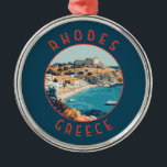 Rhodes Greece Retro-Distressed Circle Ornament Aus Metall<br><div class="desc">Rhodes Retrovektorreisdesign. Rhodos,  die größte der Dodekaner-Inseln Griechenlands,  ist bekannt für seine Badeorte und die alten Ruinen.</div>