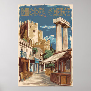 Rhodes Greece Ruins Trains Art Vintag Poster