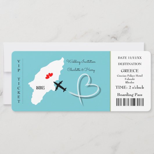 Rhodes Ticket für das Hochzeitziel Einladung (Vorderseite)