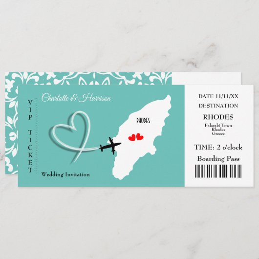 Rhodes Wedding Destination Ticket Boarding Pass in Einladung (Vorne/Hinten)