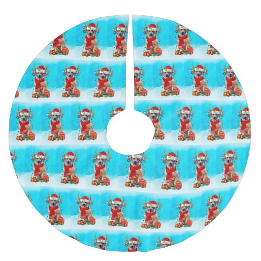 Rhodesian Rdgeback im Schnee mit Weihnachtsgeschen Polyester Weihnachtsbaumdecke (Vorderseite)