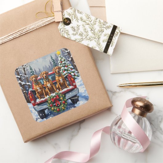 Rhodesian Ridgeback Christmas Red Truck Holiday Quadratischer Aufkleber (Schenken)