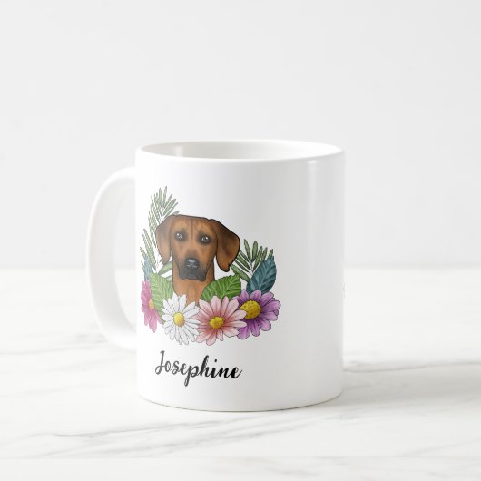 Rhodesian Ridgeback Dog Blume und Name Kaffeetasse (Vorderseite Links)