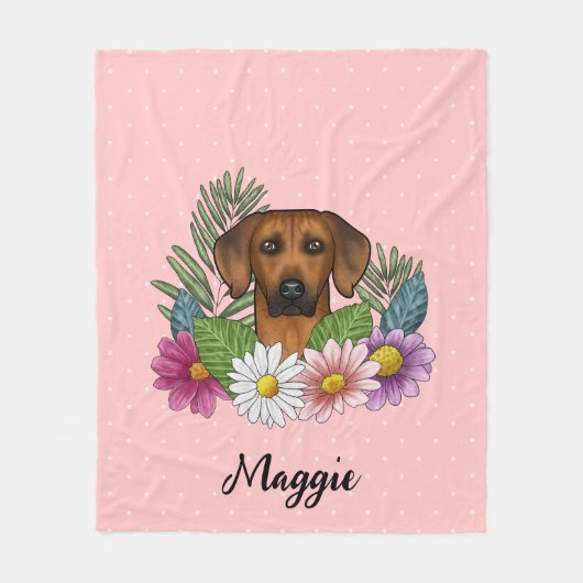 Rhodesian Ridgeback Dog Farbige Wildblumen Rosa Fleecedecke (Vorderseite)