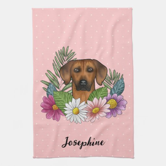 Rhodesian Ridgeback Dog Farbige Wildblumen Rosa Geschirrtuch (Vertikal)