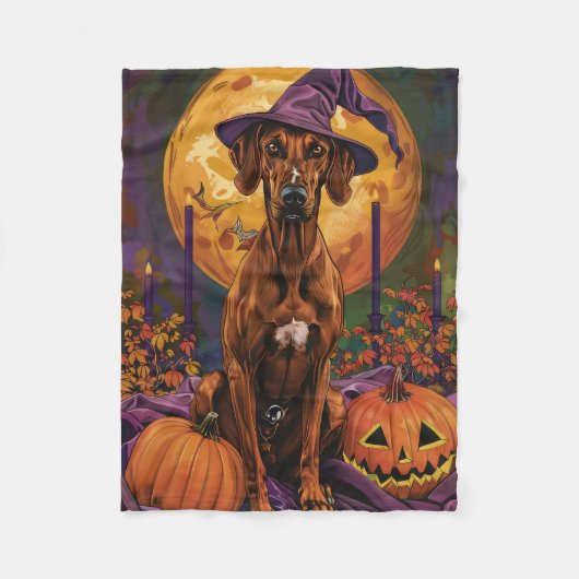 Rhodesian Ridgeback Dog Halloween Hexenkürbis Fleecedecke (Vorderseite)