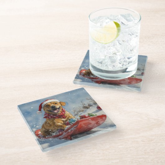 Rhodesian Ridgeback Dog in Sledge Weihnachten Glasuntersetzer (Schrägansicht)