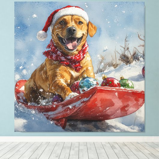 Rhodesian Ridgeback Dog in Sledge Weihnachten Leinwanddruck (Insitu (Holzboden))