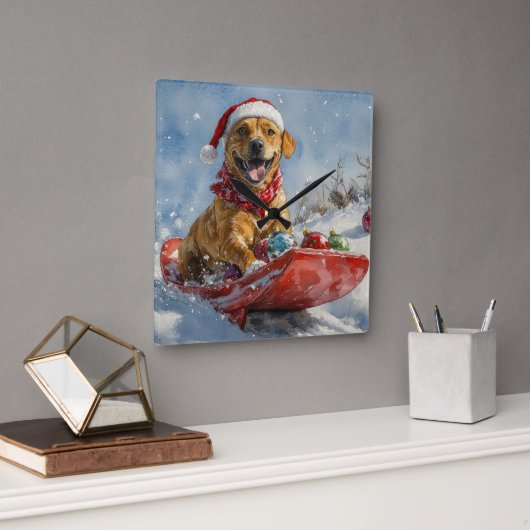 Rhodesian Ridgeback Dog in Sledge Weihnachten Quadratische Wanduhr (Büro)