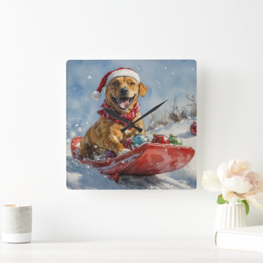 Rhodesian Ridgeback Dog in Sledge Weihnachten Quadratische Wanduhr (Zuhause)