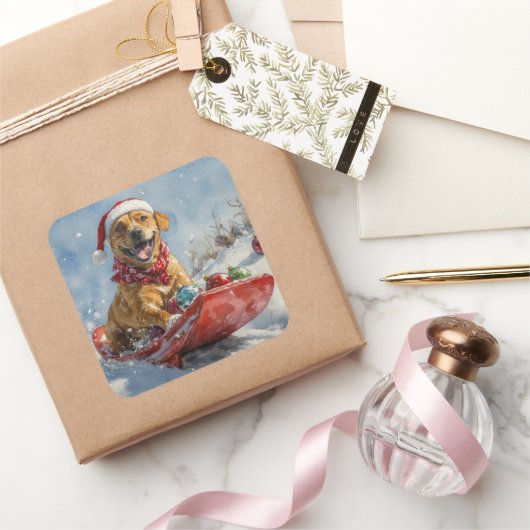 Rhodesian Ridgeback Dog in Sledge Weihnachten Quadratischer Aufkleber (Schenken)