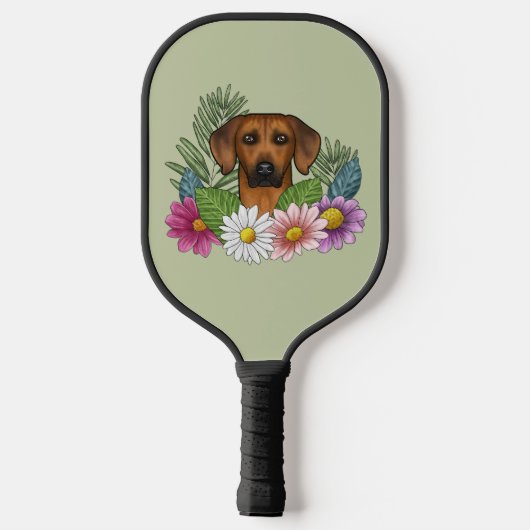 Rhodesian Ridgeback Head Bunte Blume auf Grün Pickleball Schläger (Rückseite)