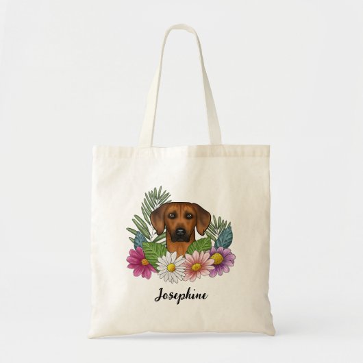 Rhodesian Ridgeback Head Bunte Blume und Name Tragetasche (Vorne)
