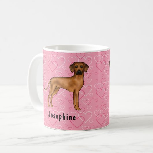 Rhodesian Ridgeback Hund auf rosa Herzen mit Namen Kaffeetasse (Vorderseite Links)