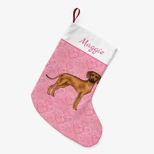 Rhodesian Ridgeback Hund auf rosa Herzen mit Namen Kleiner Weihnachtsstrumpf (Vorderansicht (hängend))