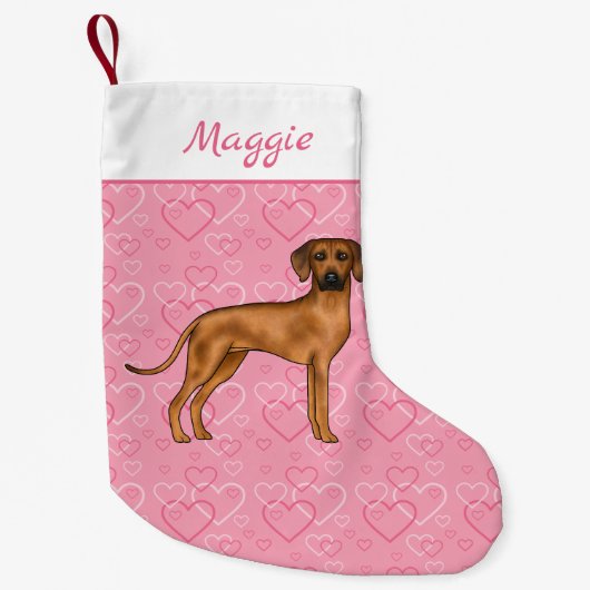 Rhodesian Ridgeback Hund auf rosa Herzen mit Namen Kleiner Weihnachtsstrumpf (Vorderseite)