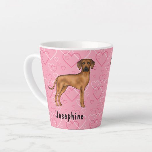 Rhodesian Ridgeback Hund auf rosa Herzen mit Namen Milchtasse (Linke Ecke)