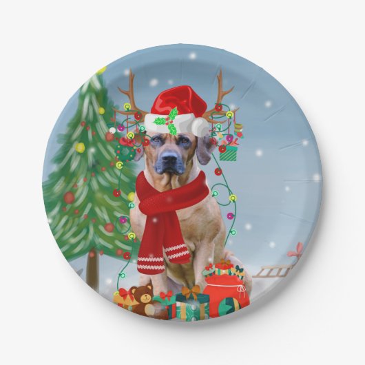 Rhodesian Ridgeback Hund in Schnee Weihnachtsgesch Pappteller (Vorderseite)