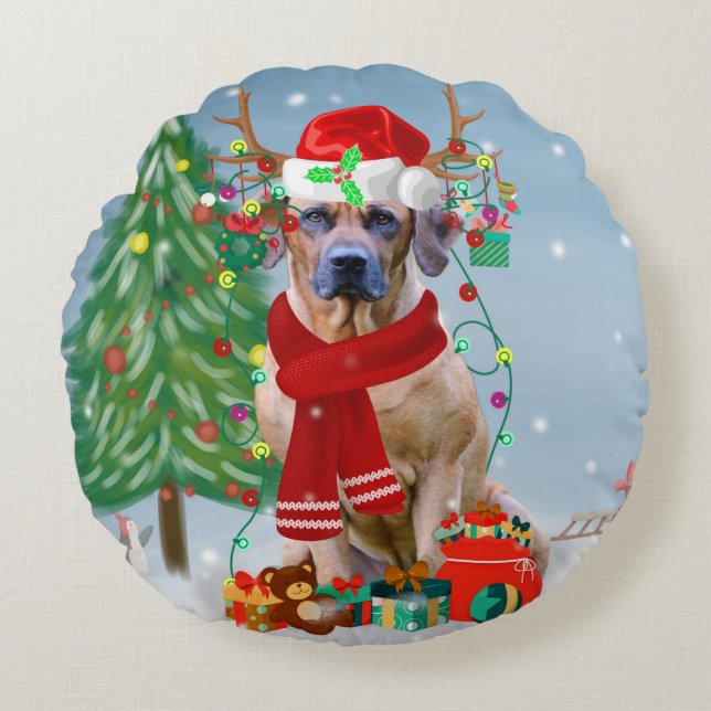 Rhodesian Ridgeback Hund in Schnee Weihnachtsgesch Rundes Kissen (Vorderseite)