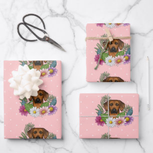 Rhodesian Ridgeback Hund Kopf Bunte Blumen Rosa Geschenkpapier Set