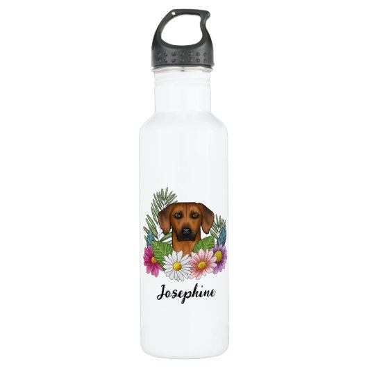 Rhodesian Ridgeback Hund Kopf Farbige Blume Name Edelstahlflasche (Vorderseite)