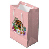 Rhodesian Ridgeback Hund Kopf-Wildblumen auf rosa Mittlere Geschenktüte (Vorderseite Schrägansicht)
