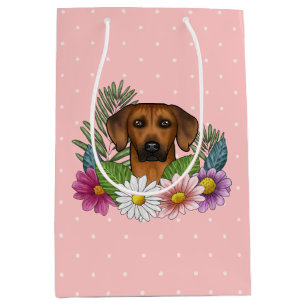 Rhodesian Ridgeback Hund Kopf-Wildblumen auf rosa Mittlere Geschenktüte