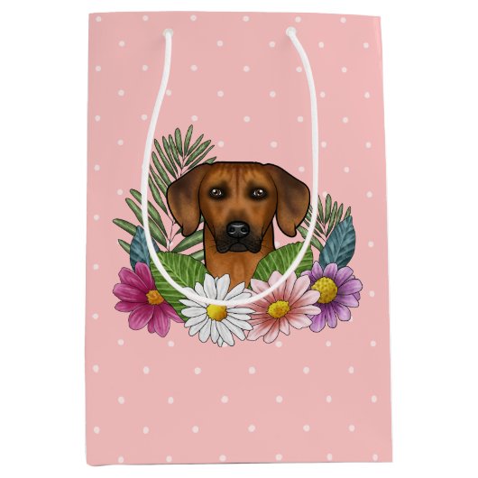 Rhodesian Ridgeback Hund Kopf-Wildblumen auf rosa Mittlere Geschenktüte (Vorderseite)