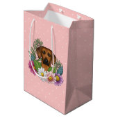 Rhodesian Ridgeback Hund Kopf-Wildblumen auf rosa Mittlere Geschenktüte (Rückseite Schrägansicht)