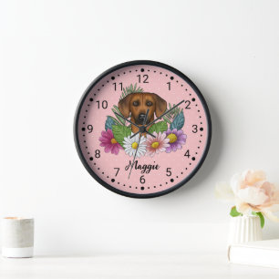 Rhodesian Ridgeback Hund Kopf-Wildblumen auf rosa Uhr