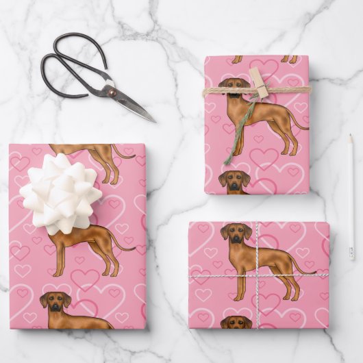 Rhodesian Ridgeback Hund Liebe Herzmuster Rosa Geschenkpapier Set (Vorderseite)