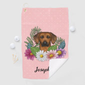 Rhodesian Ridgeback Hund mit Blume und Name Rosa Golfhandtuch (Insitu)