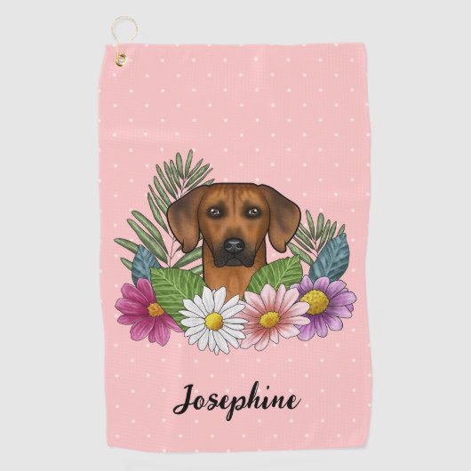Rhodesian Ridgeback Hund mit Blume und Name Rosa Golfhandtuch (Vorderseite)