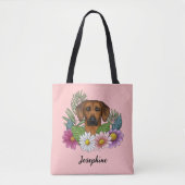 Rhodesian Ridgeback Hund mit Blume und Name Rosa Tasche (Vorderseite)