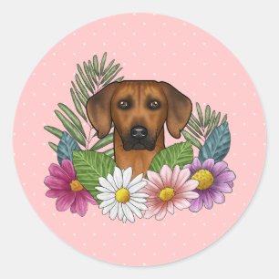 Rhodesian Ridgeback Kopf Bunte Blumen Auf Rosa Runder Aufkleber