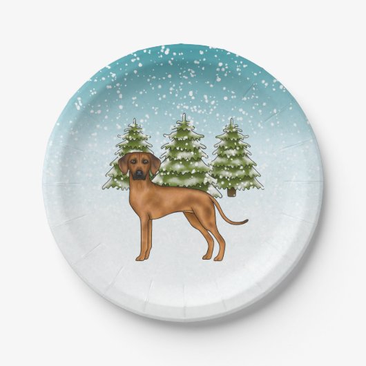 Rhodesian Ridgeback Lion Dog Snowy Winterwald Pappteller (Vorderseite)