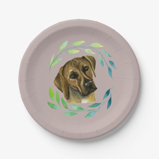 Rhodesian Ridgeback mit einem Kranz-Aquarell Pappteller (Vorderseite)